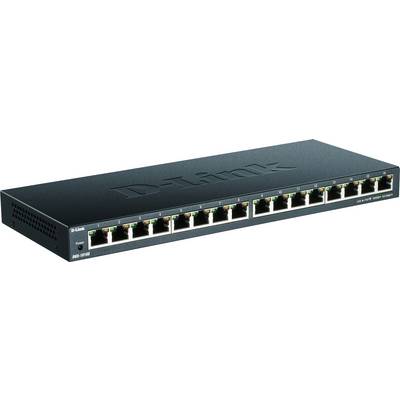 Čierny 16-portový ethernetový switch značky D-Link s LED indikátormi na prednej strane pre sieťové pripojenia.