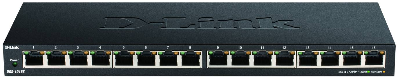Čiernosivý sieťový switch značky D-Link so 16 ethernetovými portmi v dvoch radoch. Viditeľné sú LED indikátory pripojení.
