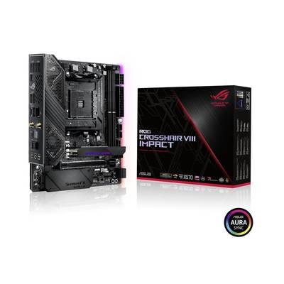 Základná doska Asus ROG Crosshair VIII Impact s obalom. Podporuje pätnicu AM4 a ponúka RGB podsvietenie Aura Sync. Vhodná pre herné počítače.