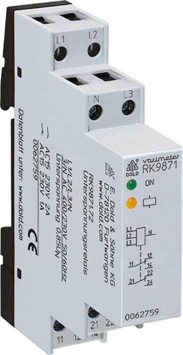 Elektrický spínací modul stykača s nápisom 'vaumeter RK9871', zelenou signalizačnou kontrolkou, technickými špecifikáciami a označením CE.