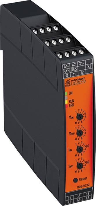 Elektronická riadiaca jednotka s regulátormi a LED indikátormi. Má pripojovacie svorky a je vhodná pre priemyselné aplikácie.