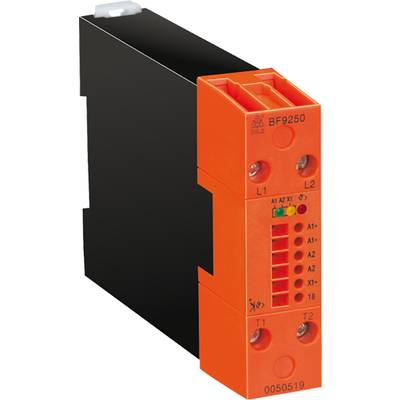 Elektronický modul s čiernym a oranžovým krytom, zobrazujúci konektory a kontrolné svetlá na prednej strane. Určený pre priemyselné aplikácie.