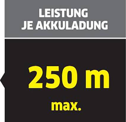 Výkon je nabíjanie batérie: max. 250 m v žltom texte na čiernom pozadí; upozornenie na maximálny dosah na jedno nabitie batérie.