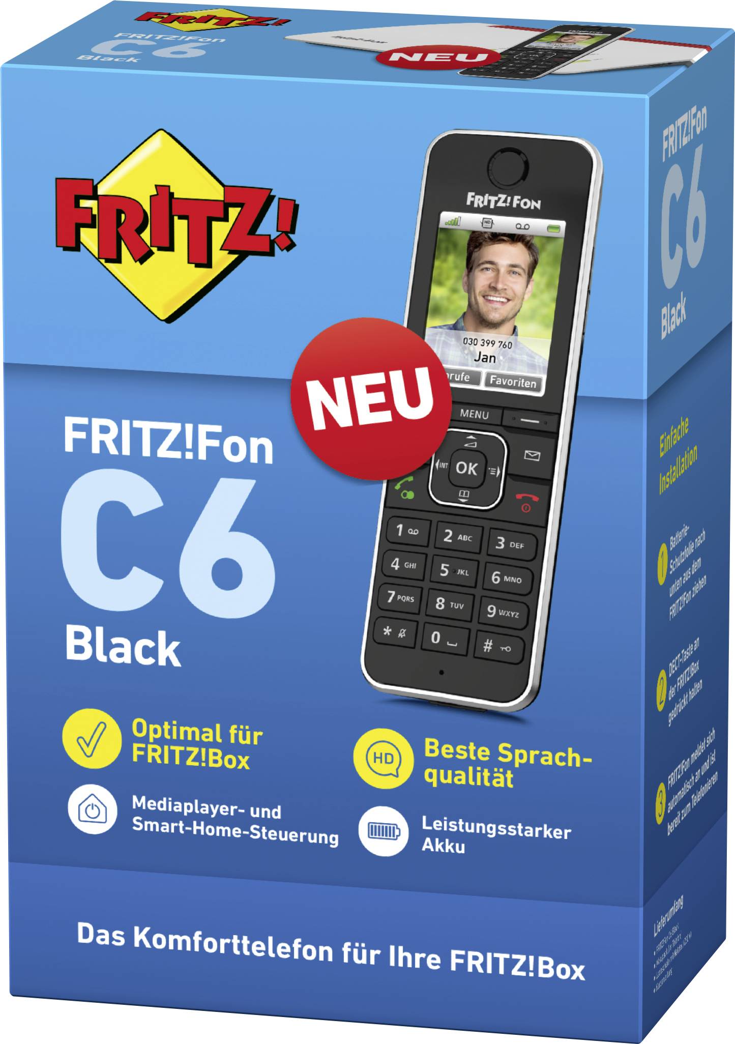 Produktová krabica čierneho FRITZ!Fon C6. Obsahuje funkcie ako prehrávač médií, ovládanie inteligentnej domácnosti a dlhú výdrž batérie.