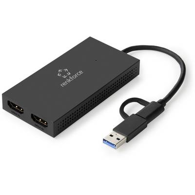 Adaptér Renkforce USB-3.0 na HDMI, čierny, s dvoma HDMI výstupmi pre externé monitory.