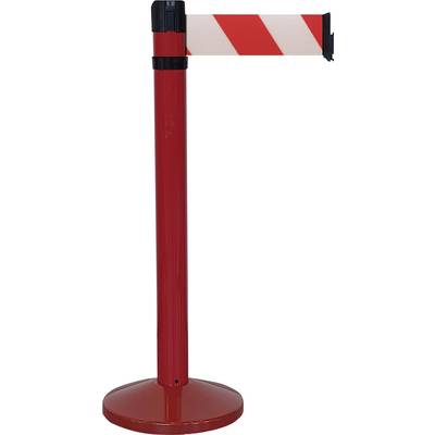 Červený výstražný stĺpik s vyťahovacím bezpečnostným pásom, pokrytý diagonálnymi červenými a bielymi pruhmi, používaný na obmedzenie prístupu.