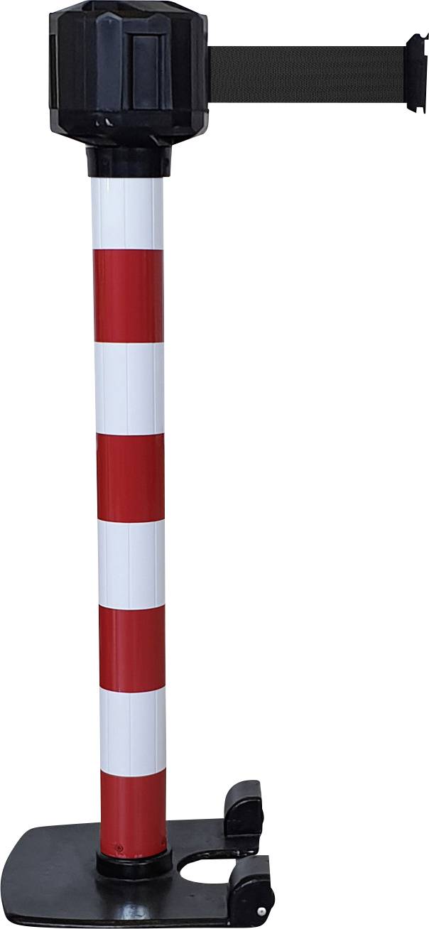 Zábrana s červeno-bielym pruhovaným vzorom a vyťahovateľným čiernym pásom určená na oddelenie priestorov.