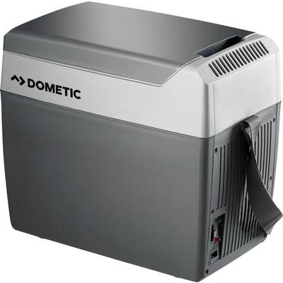 Sivý prenosný chladiaci box Dometic s rukoväťou, vhodný pre kemping a outdoorové aktivity.