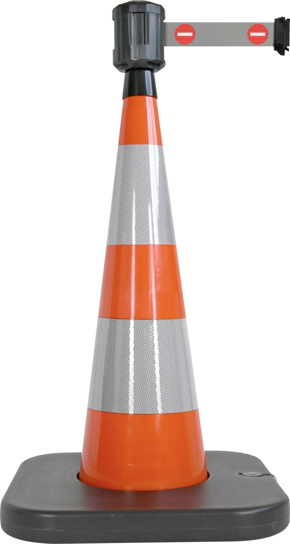 Oranžový dopravný kužeľ s bielymi pruhmi a vyťahovateľnou páskou so symbolmi STOP, určený na uzatvorenie priestoru.