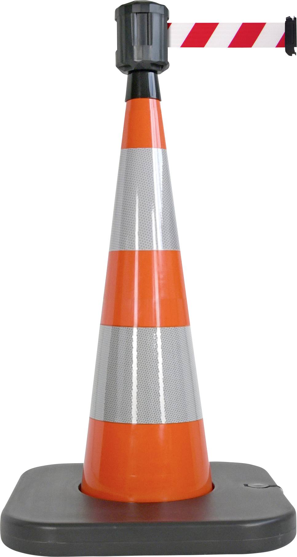 Oranžovo-biela dopravná výstražná značka s červeno-bielym úchytom na výstražnú pásku.