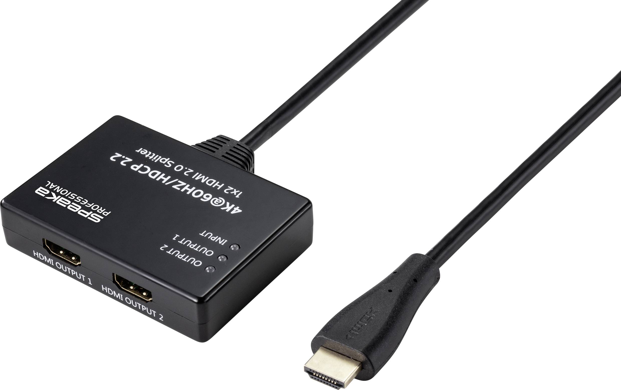 HDMI rozdeľovač s dvoma výstupmi a jedným vstupným káblom, vhodný pre 4K60Hz a HDCP 2.2, leží na bielom pozadí.