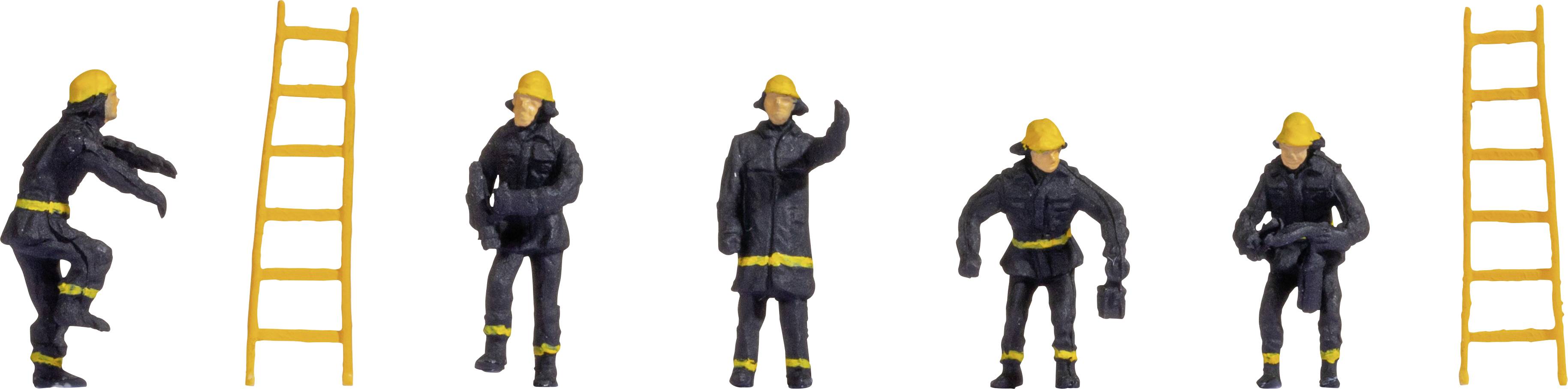 Päť hasičských figúr v uniformách a žltých helmách stojí medzi dvoma rebríkmi, niektorí nesú nástroje alebo dvíhajú ruku.