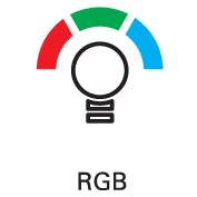 Symboly v čiernobielom prevedení: Žiarovka so zakrivený­mi líniami nad ňou reprezentujúcimi RGB.