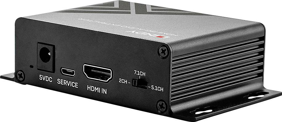 Čierna HDMI vstupná jednotka so slotmi pre 5VDC, servis, HDMI IN a prepínačom pre viackanálové nastavenia audia: 2CH, 5.1CH, 7.1CH.