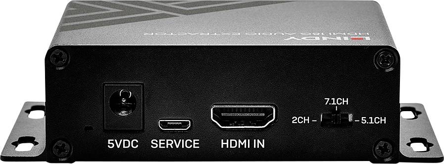 Čierne zariadenie na extrakciu audia s konektormi pre 5VDC, servis, HDMI IN a posuvnými prepínačmi pre 2CH, 5.1CH a 7.1CH audio.