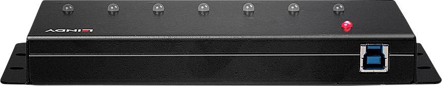 Čierne elektronické zariadenie s viacerými LED indikátormi a USB portom na pravej strane.