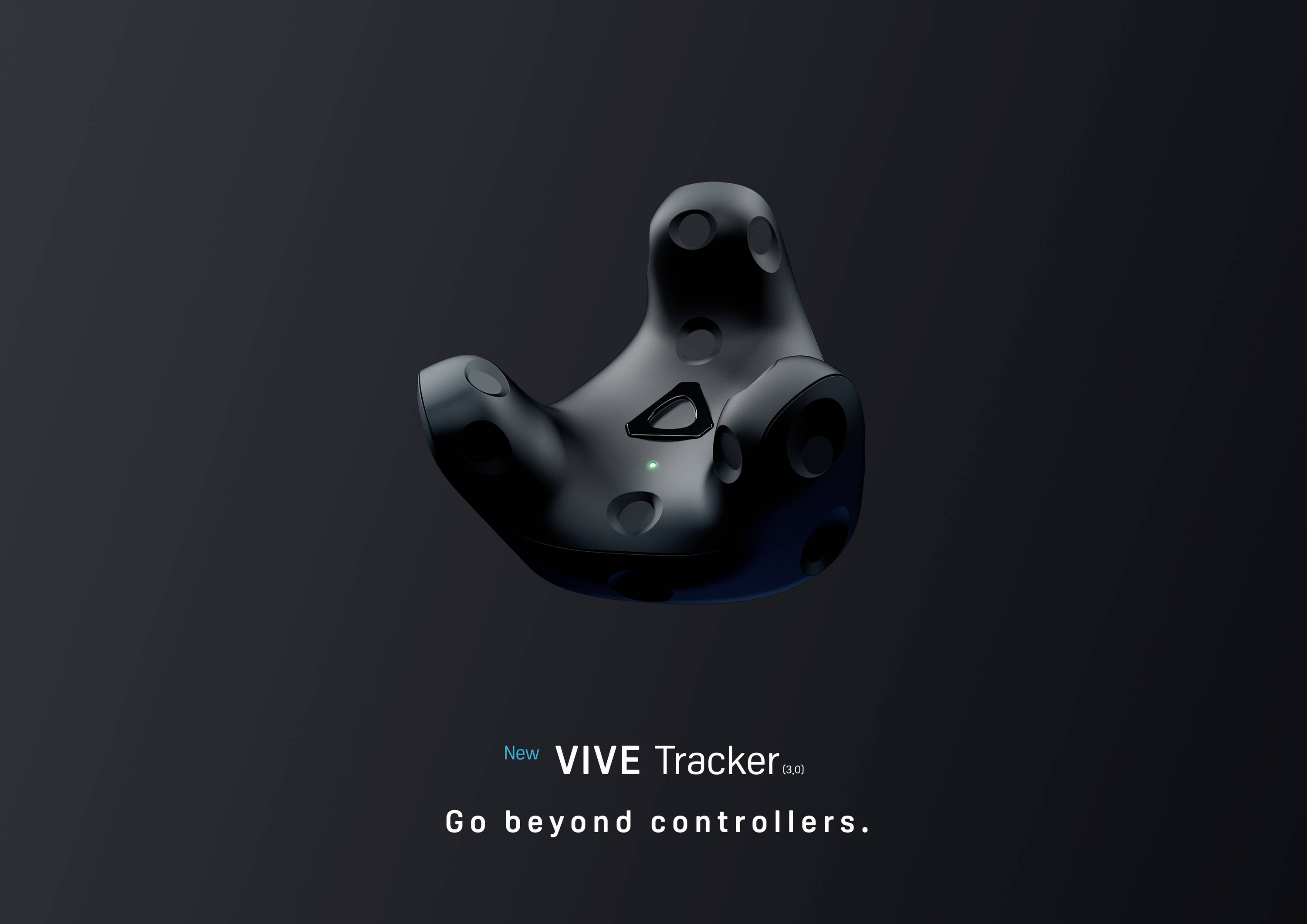 Nový VIVE Tracker 3.0 sa vznáša pred tmavým pozadím. Text pod ním: 'Prekročte ovládače.'