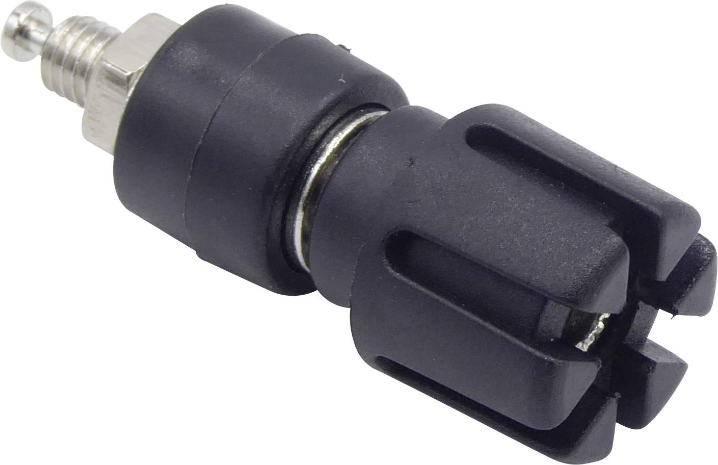 Čierna plastová svorka s kovovým závitom a pružinou, často používaná pre elektrické alebo mechanické spoje.
