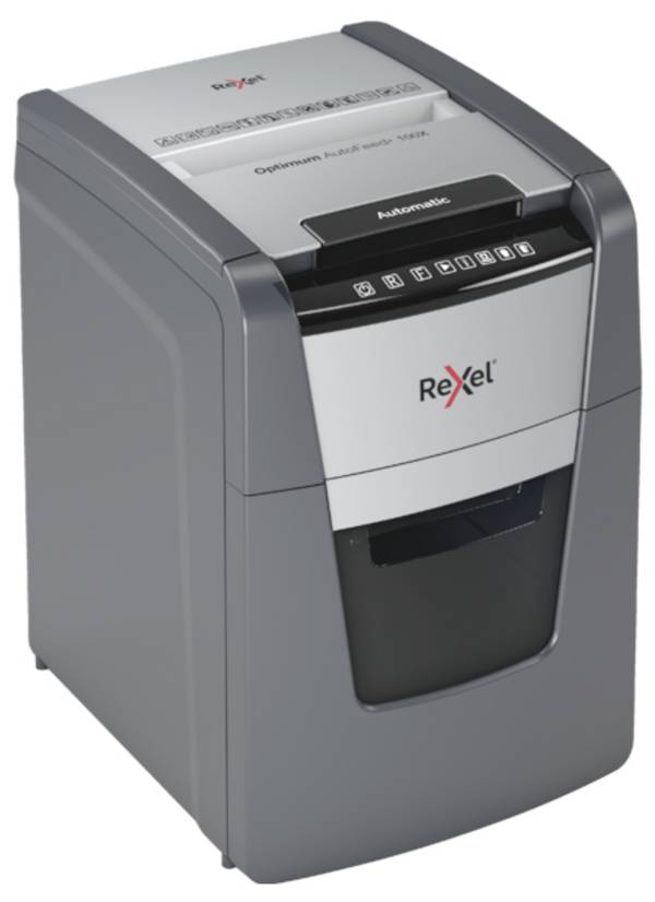 Rexel Optimum AutoFeed+ 100X skartovačka mikrorez 4 x 28 mm 34 l Počet listov (max.): 100 listov  Krížový rez kancelárske sponky, sponky do zošívačky, kreditná karta
