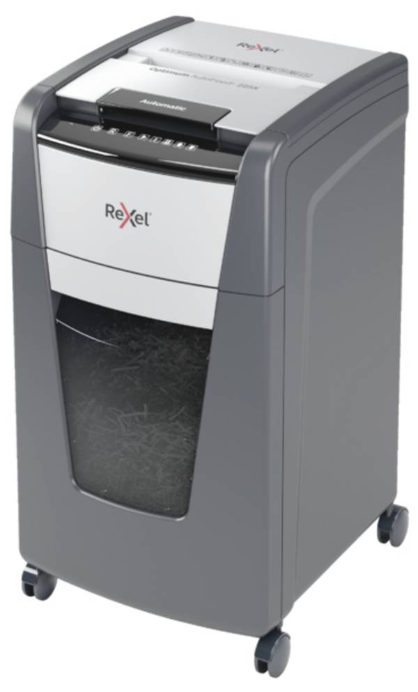 Rexel Optimum AutoFeed+ 225X skartovačka mikrorez 4 x 25 mm 60 l Počet listov (max.): 225 listov  Krížový rez kancelárske sponky, sponky do zošívačky, kreditná karta