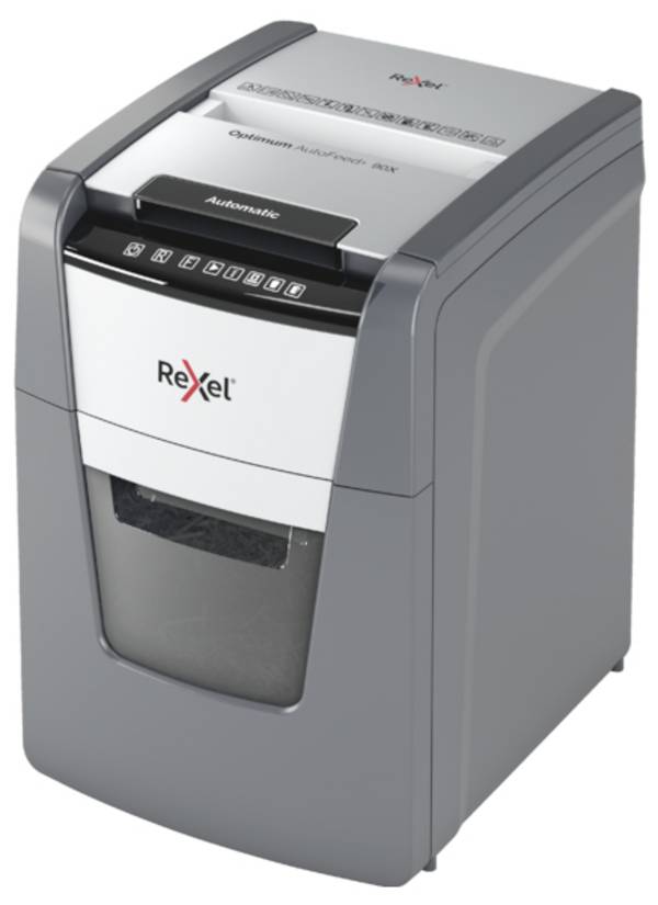 Rexel Optimum AutoFeed+ 90X skartovačka mikrorez 4 x 28 mm 34 l Počet listov (max.): 90 listov  Krížový rez kancelárske sponky, sponky do zošívačky, kreditná karta