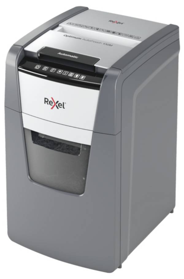 Rexel Optimum AutoFeed+ 130M skartovačka mikrorez 2 x 15 mm 44 l Počet listov (max.): 150 listov  Krížový rez kancelárske sponky, sponky do zošívačky, kreditná karta