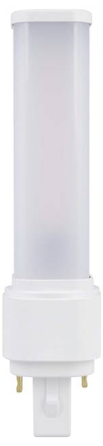 Biela valcovitá LED žiarovka so širokým bielym podstavcom a dvoma zlatými kolíkmi na jednoduchom pozadí.