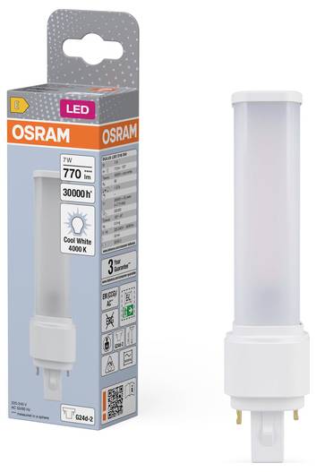 OSRAM LED žiarovka a balenie, zobrazujúce kompaktnú zástrčkovú lampu s označením 7W, 770 lm, 30000 h, studená biela 4000K.