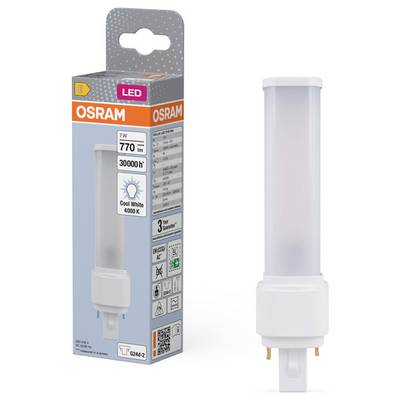 OSRAM LED žiarovka a balenie, zobrazujúce kompaktnú zástrčkovú lampu s označením 7W, 770 lm, 30000 h, studená biela 4000K.