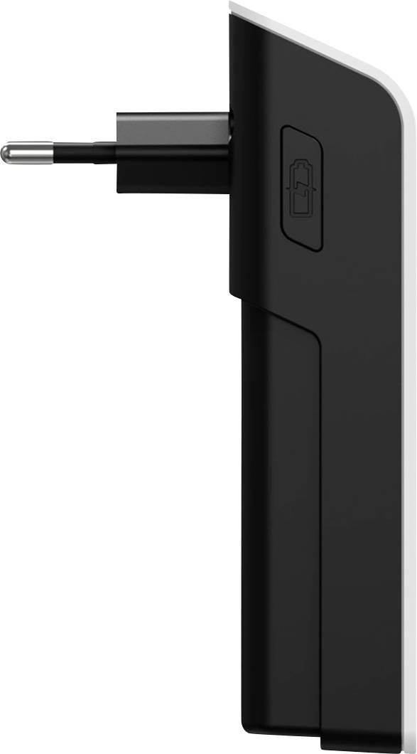 Čierna nabíjačka v bočnom pohľade; zástrčka je vyklopená. Vhodná pre zariadenia s USB káblami.