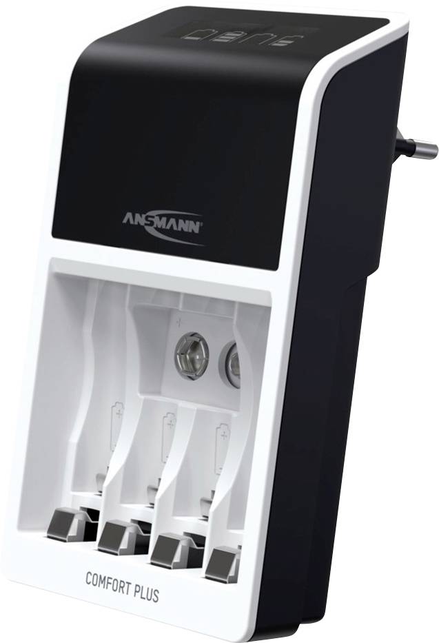 Čierna a biela nabíjačka batérií značky Ansmann s názvom 'Comfort Plus'. Má priestor pre nabíjanie viacerých batérií.