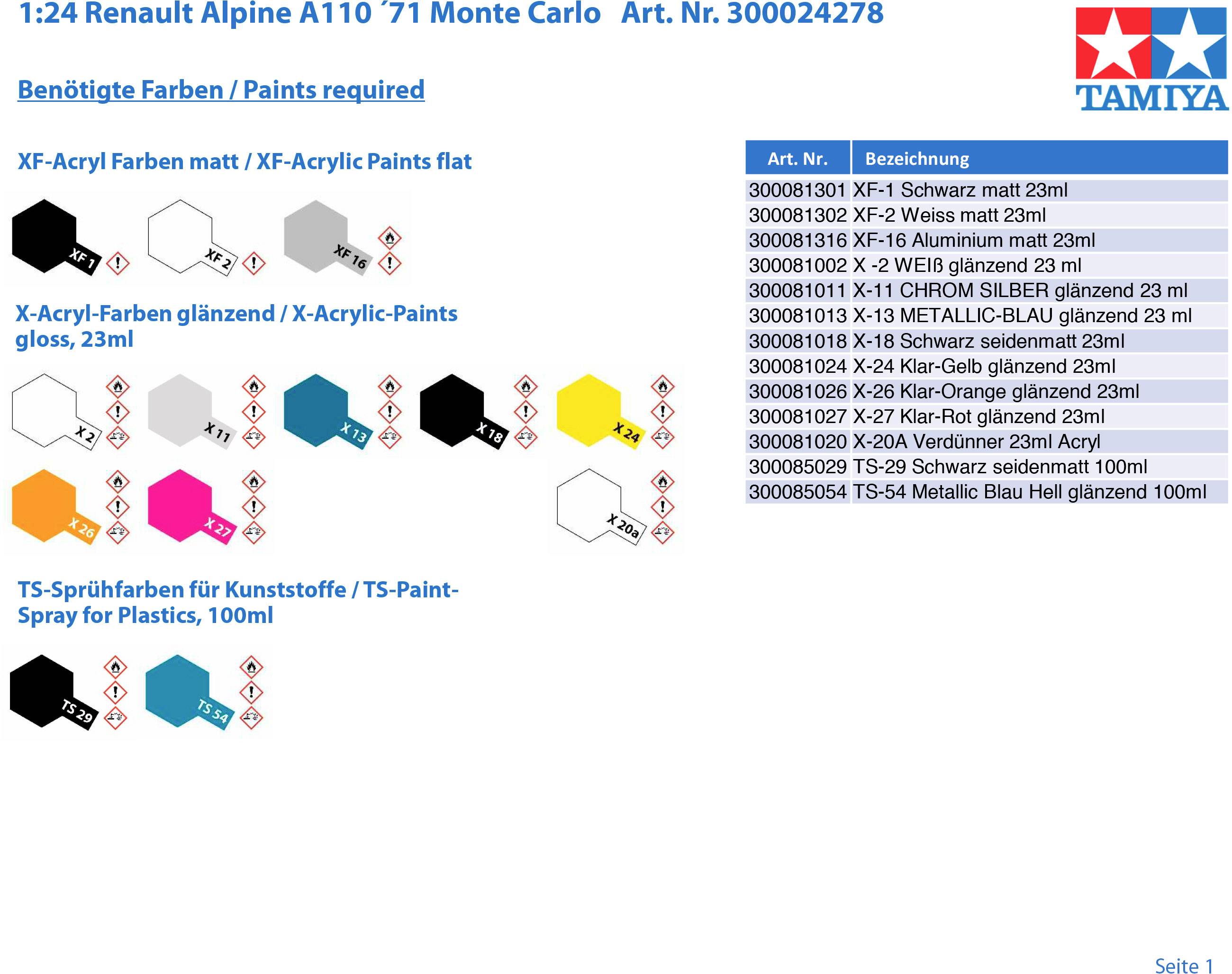 '1:24 Renault Alpine A110 '71 Monte Carlo' stavebnica Farebný zoznam: XF, X, TS farby, čísla a názvy, napr. XF-1 čierna matná, 23 ml.