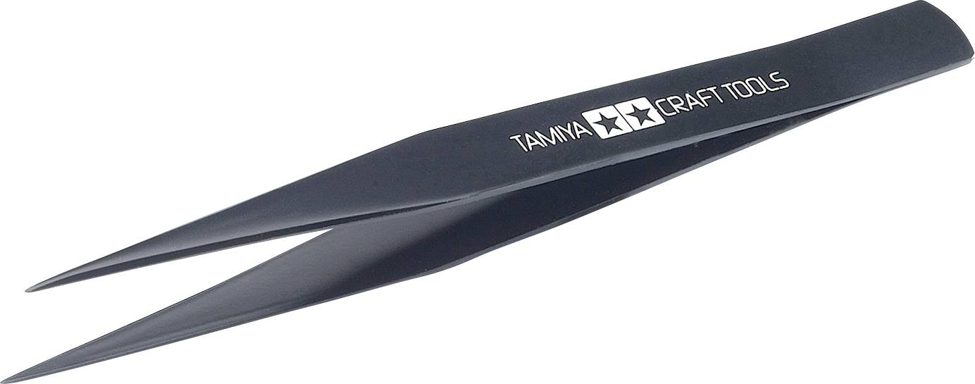 Čierna pinzeta s označením 'Tamiya Craft Tools' na strane, zužujúca sa do špica, používaná pre presné modelárske práce.