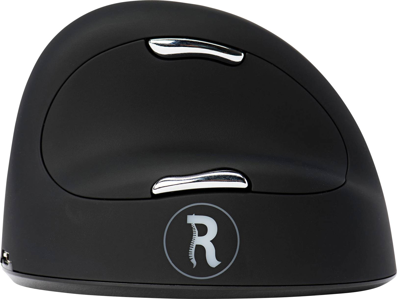 Čierna ergonomická myš s vertikálnym dizajnom, dvomi kovovými rolovacími kolieskami a logom 'R' so symbolom chrbtice dole.