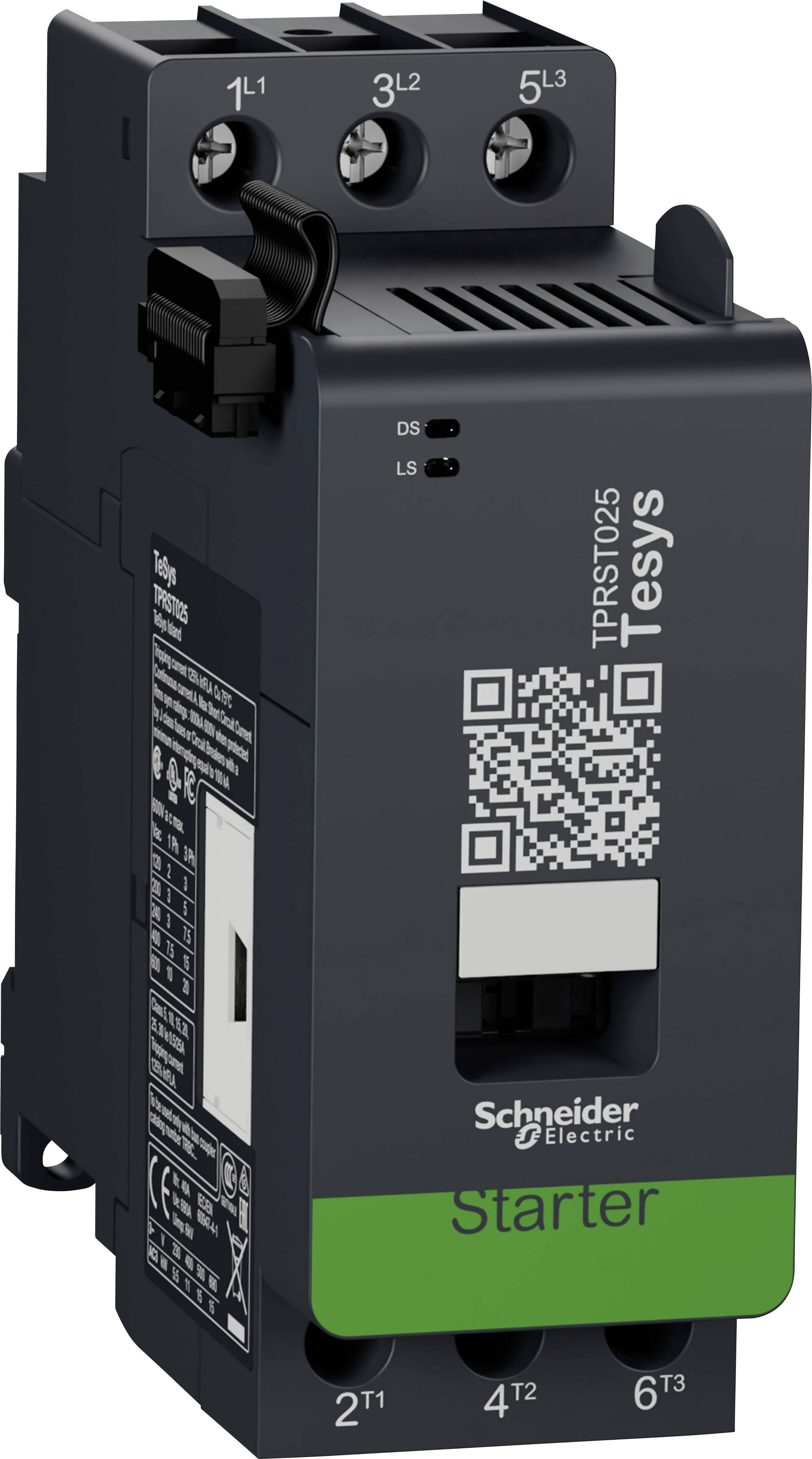 Elektronické zariadenie s nápisom 'Schneider Electric', QR kódom a označením 'Starter'.