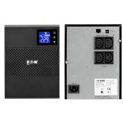 USV-jednotka s digitálnym displejom zobrazuje '229V'. Zadný pohľad odhaľuje elektrické prípojky a ethernetový port. Značka Eaton.