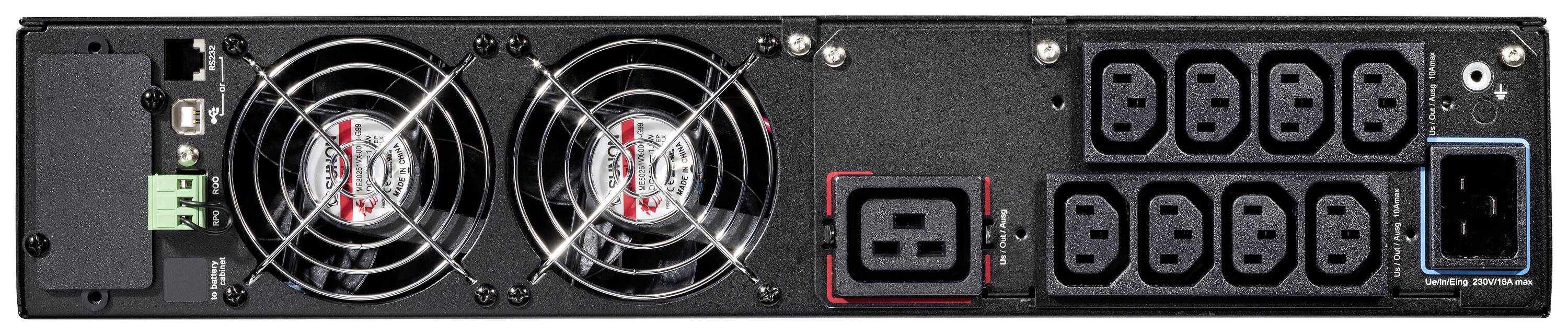 Zadná strana servera s dvoma ventilátormi vľavo, niekoľkými elektrickými prípojkami vpravo a rôznymi portami a prepínačmi v strede.