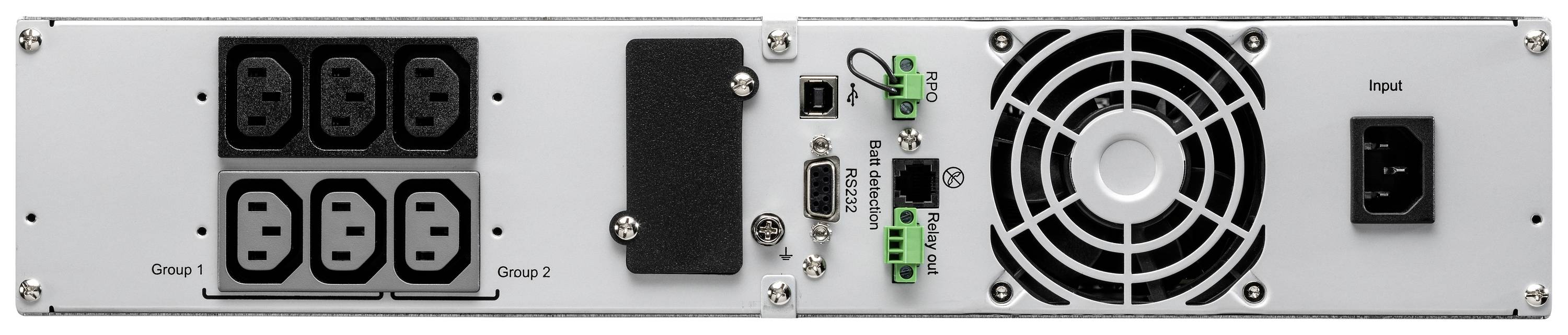 Zadná strana elektronickej jednotky s ôsmimi napájacími konektormi, chladiacim ventilátorom a vstupnou zásuvkou; konektory sú usporiadané do dvoch skupín.