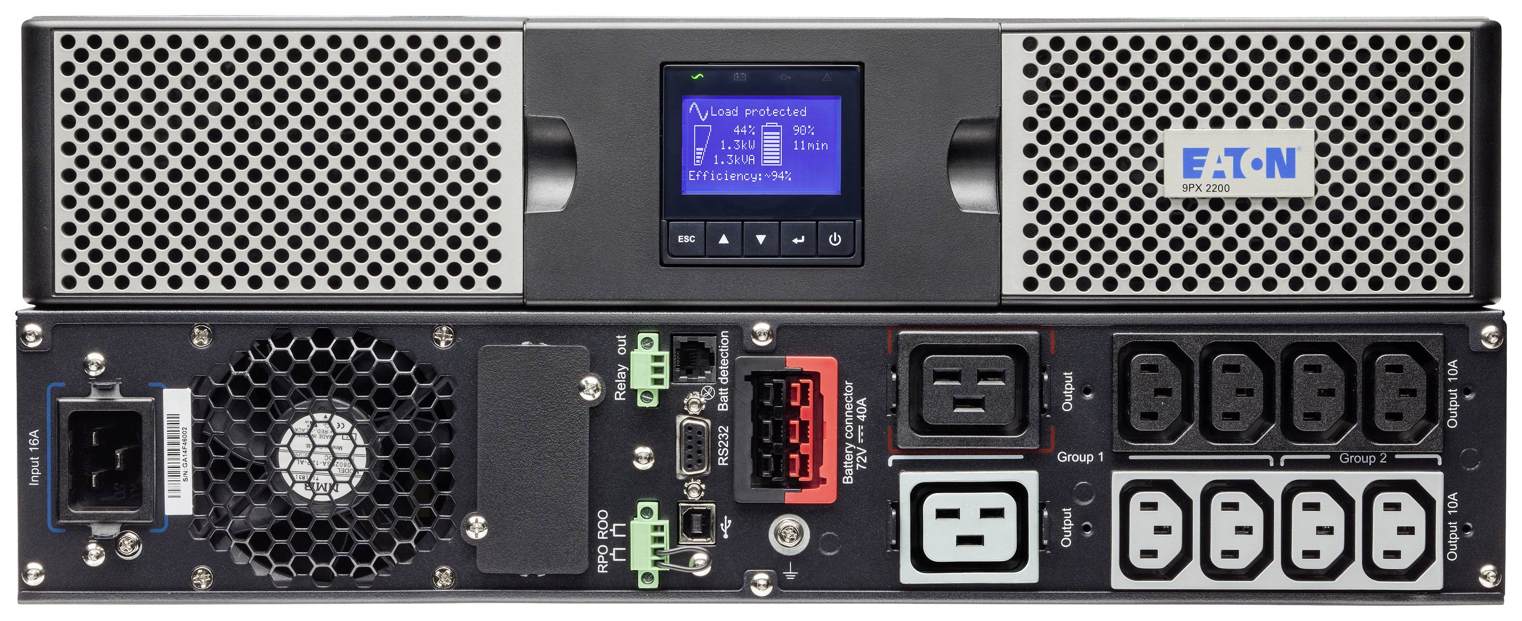 Záložný napájací zdroj (USV) značky Eaton s displejom, ventilátorom a viacerými elektrickými výstupmi na prednej a zadnej strane.