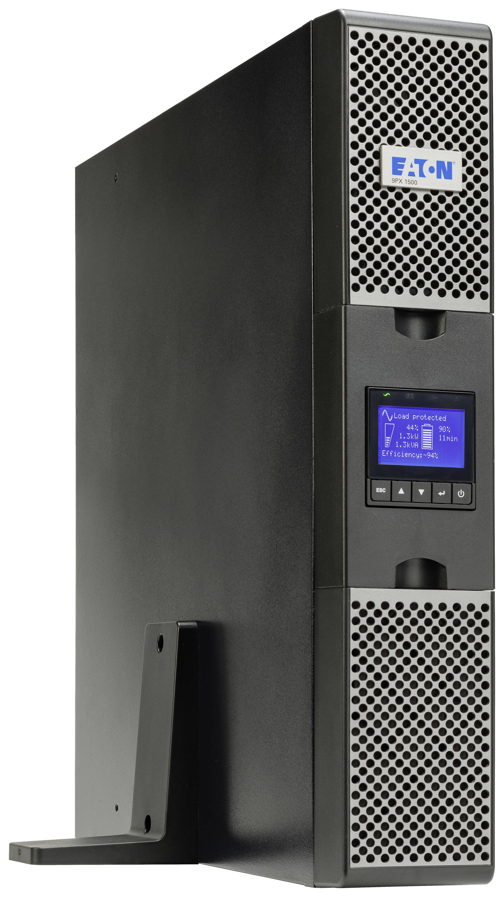 Čierne zariadenie UPS (neprerušiteľného zdroja napájania) od spoločnosti Eaton s digitálnym displejom na prednej strane zobrazuje prevádzkové informácie.