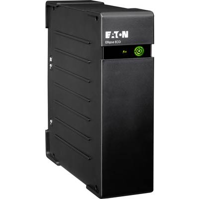 Čierne zariadenie UPS (Neprerušiteľný zdroj napájania) značky Eaton, model Ellipse ECO, so zeleným svietiacim zapínacím tlačidlom.
