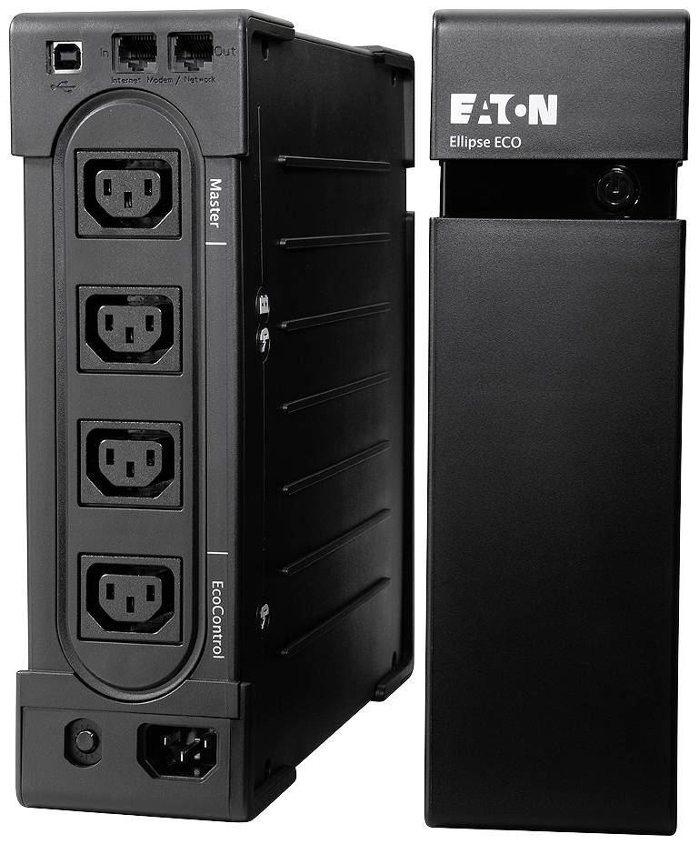 Neprerušiteľný zdroj napájania (UPS) od spoločnosti Eaton, model 'Ellipse ECO', s viacerými výstupmi a funkciami úspory energie.