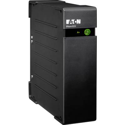 Čierne zariadenie UPS Eaton Ellipse ECO s zeleným zapínacím tlačidlom, na prednej strane zobrazuje model zariadenia a logo výrobcu.