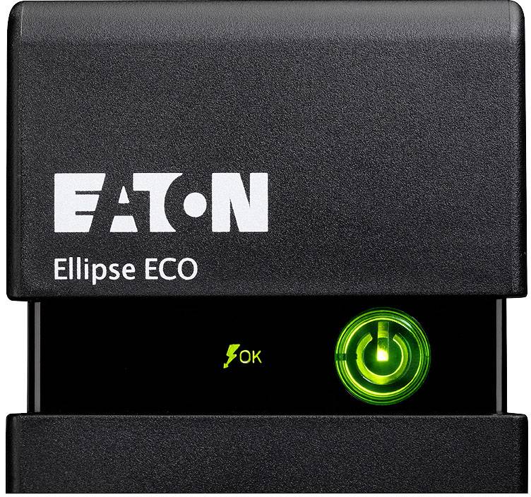 Čierne zariadenie Eaton Ellipse ECO s zeleno svietiacim sieťovým spínačom a symbolom 'OK' pod ním signalizuje pripravenosť na prevádzku.