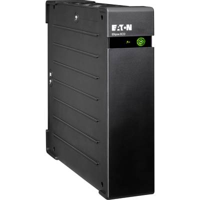 Čierne zariadenie UPS Eaton Ellipse ECO, stojaté vo vertikálnej polohe s jasne zeleným indikátorom prevádzky.
