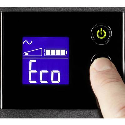 Ruka stláča tlačidlo vedľa displeja so zobrazením 'Eco' a symbolom batérie. To naznačuje energeticky úsporný režim.