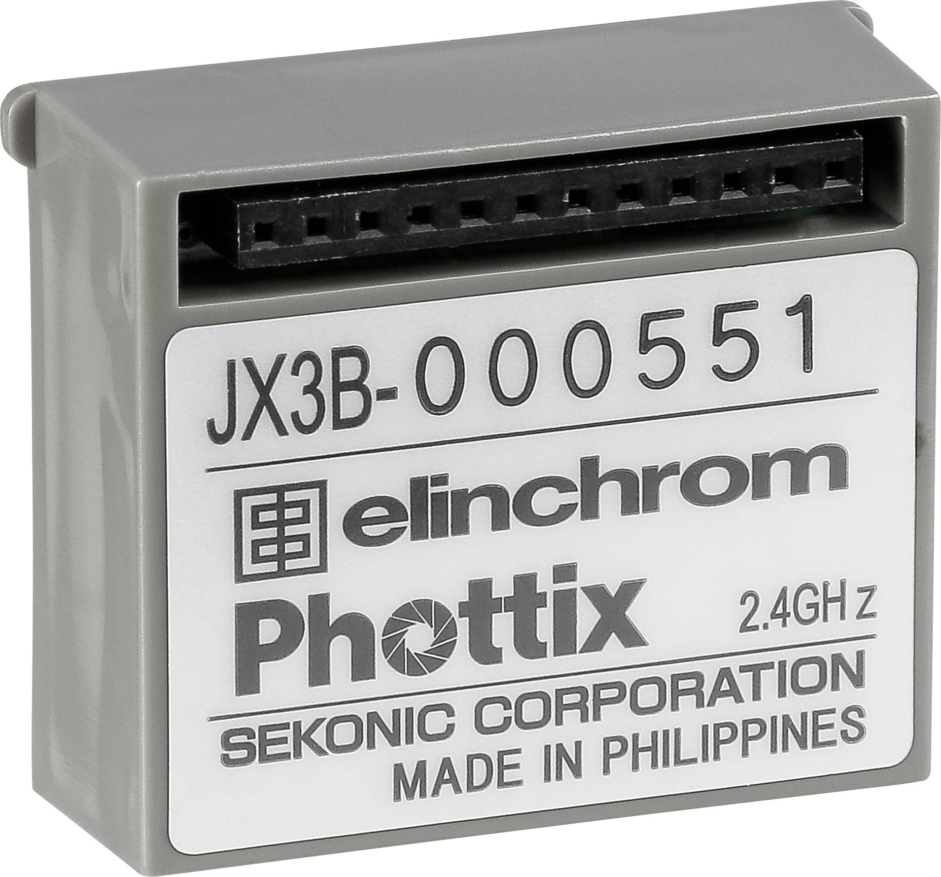 Sivé zariadenie Elinchrom Phottix s označením 'JX3B-000551', vyrobené spoločnosťou Sekonic Corporation na Filipínach.