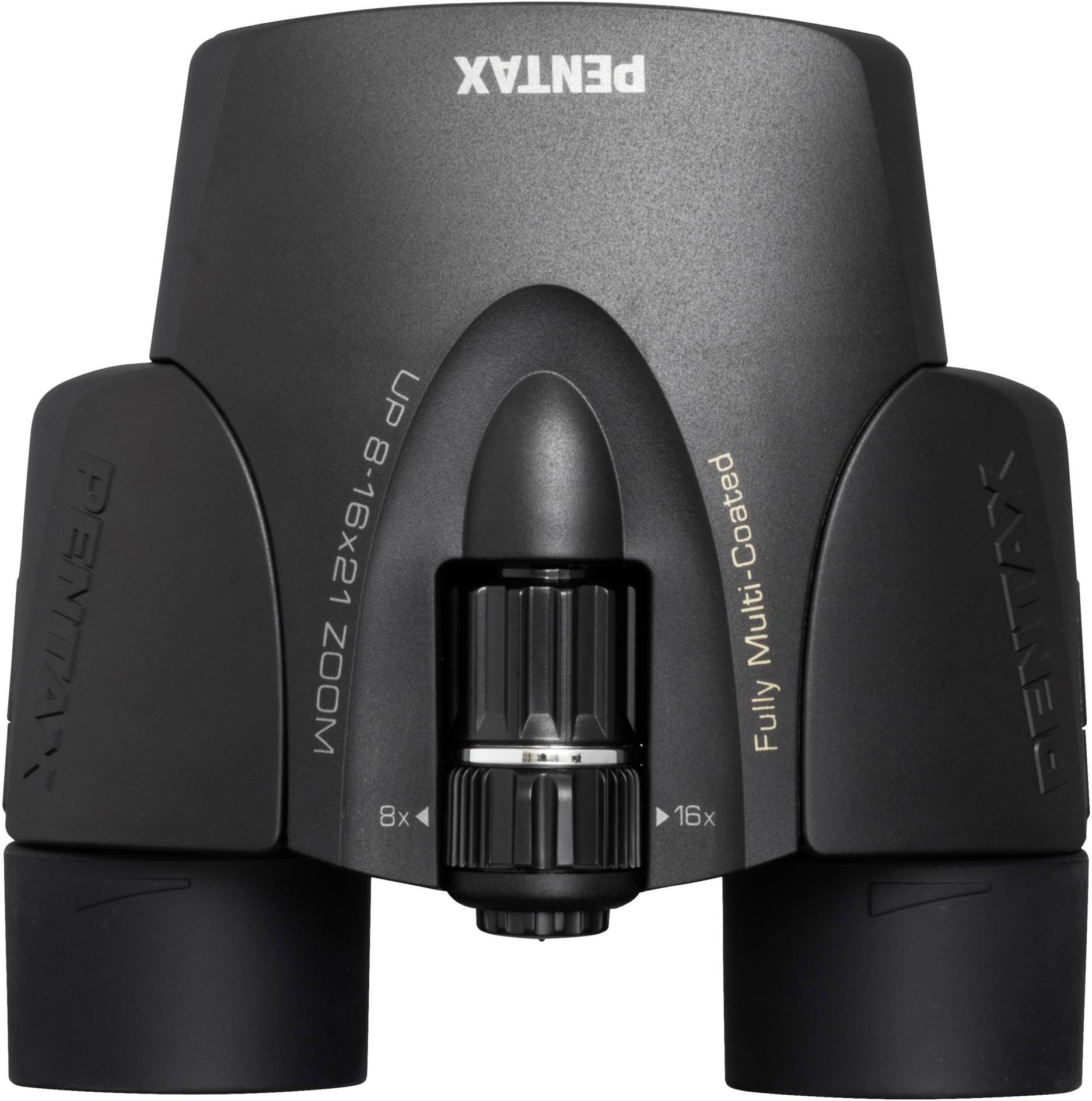 Čierny ďalekohľad Pentax so zoomom od 8x do 16x. Pohľad spredu ukazuje nastavovacie koliesko ostrosti a nápis "Fully Multi-Coated".
