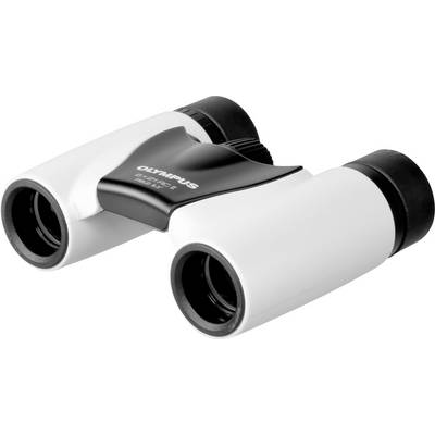Biele ďalekohľady s čiernou stredovou časťou; značka Olympus, model 8x21 RC II, kompaktné a praktické, vhodné na použitie v exteriéri.