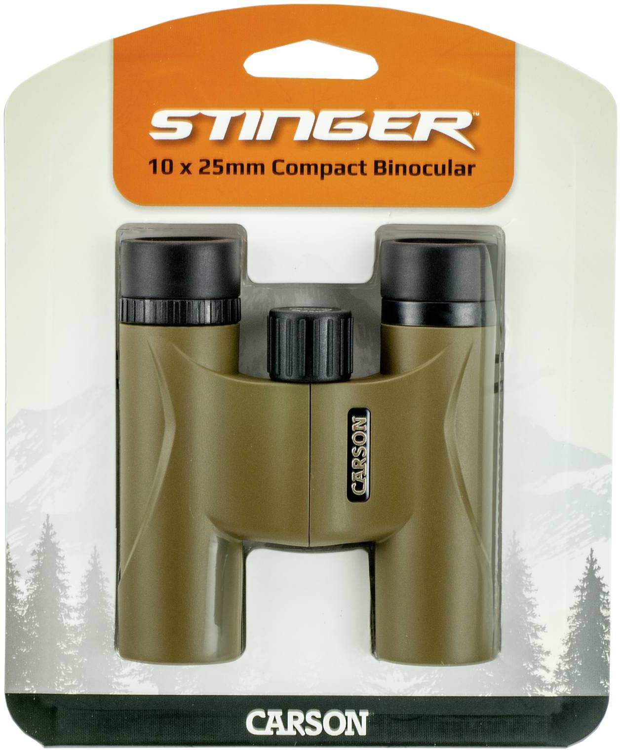 Kompaktný ďalekohľad 'Stinger 10 x 25 mm' od Carsonu v balení, zobrazený pred horským a lesným pozadím.